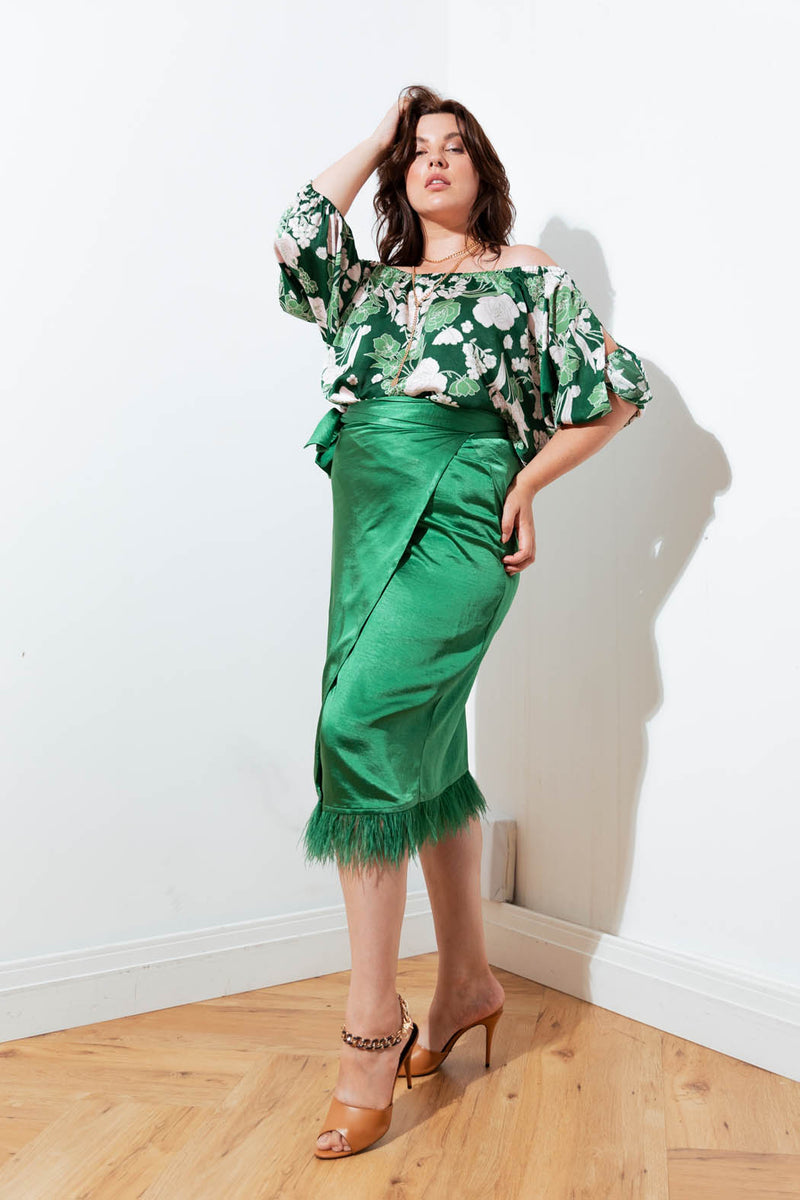 Green Floral Silky Balloon Sleeve Top - Sale