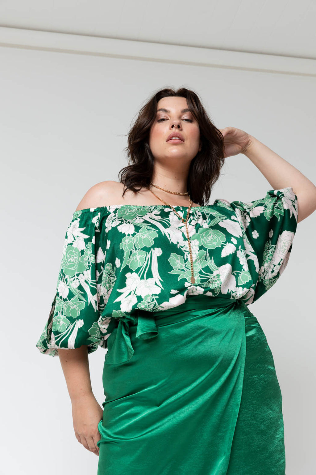 Green Floral Silky Balloon Sleeve Top - Sale