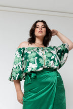 Green Floral Silky Balloon Sleeve Top - Sale