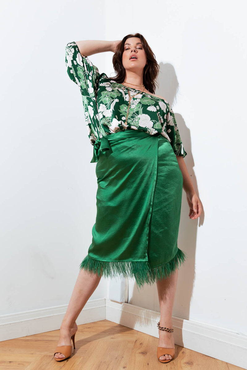 Green Satin Feather Skirt - Final Sale