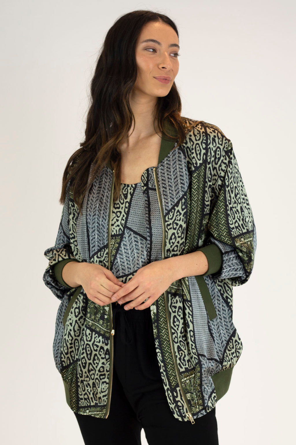 Khaki Print Silky Bomber Jacket - Final Sale