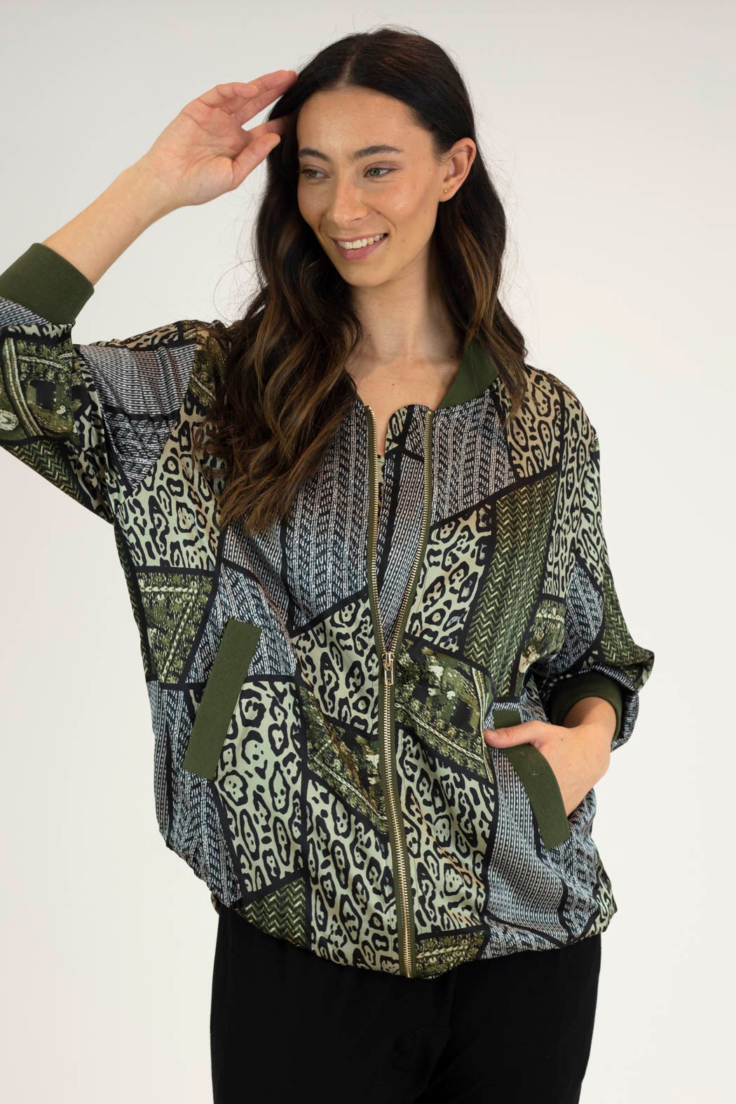 Khaki Print Silky Bomber Jacket - Final Sale
