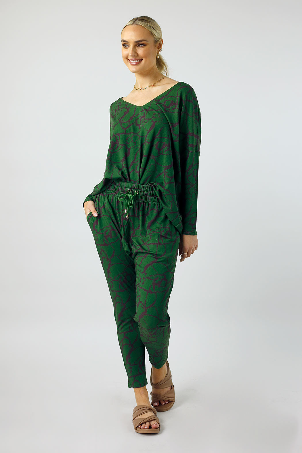 Green Print Bamboo Slouch Pants - FINAL SALE