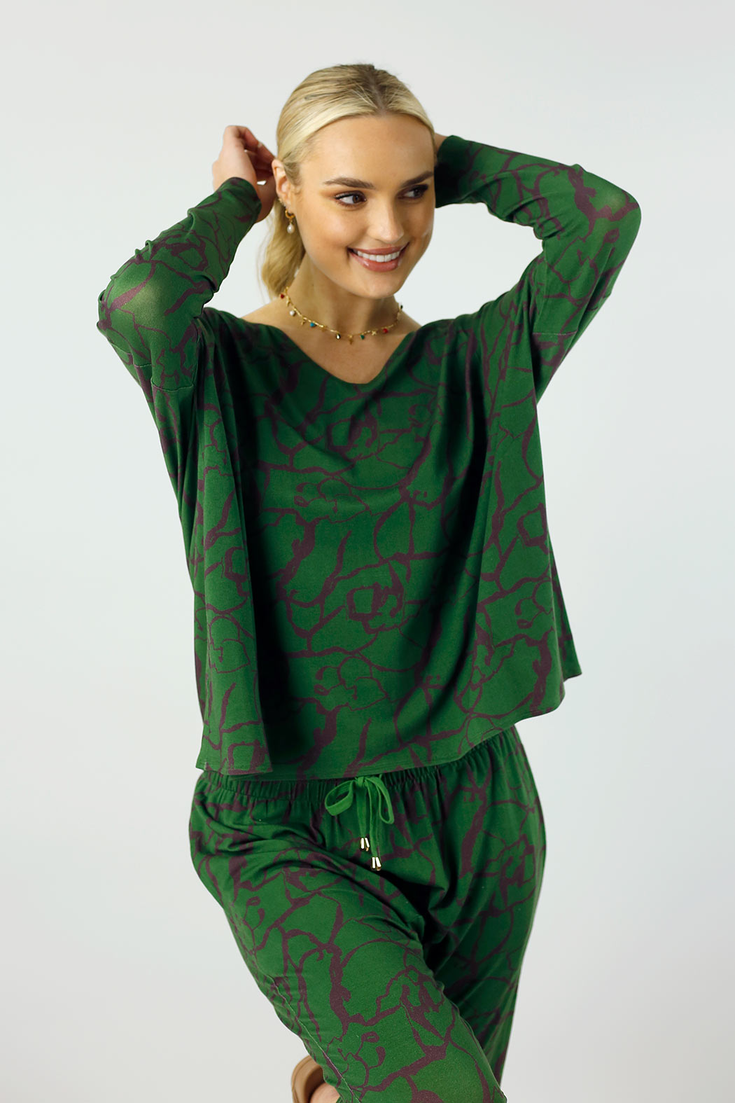 Green Print Bamboo Slouch Top - FINAL SALE