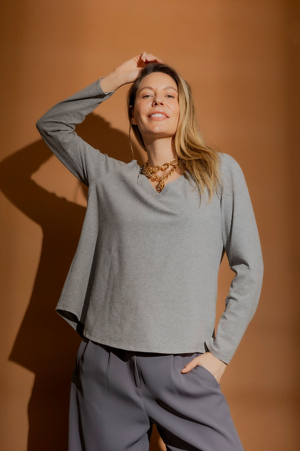 Grey Marle Washed V Neck Top Grey Marle