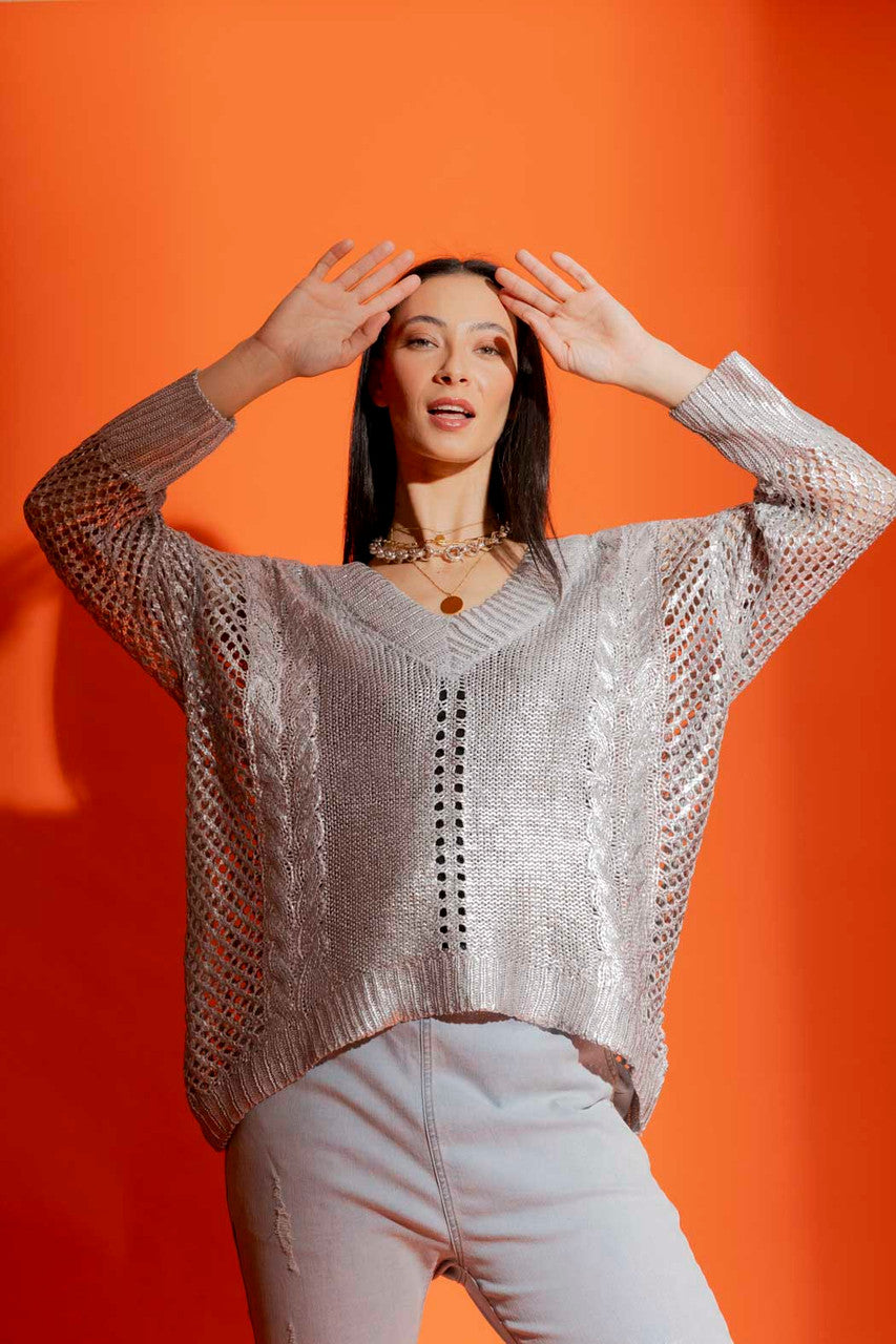Silver Foil Crochet V Neck Jumper