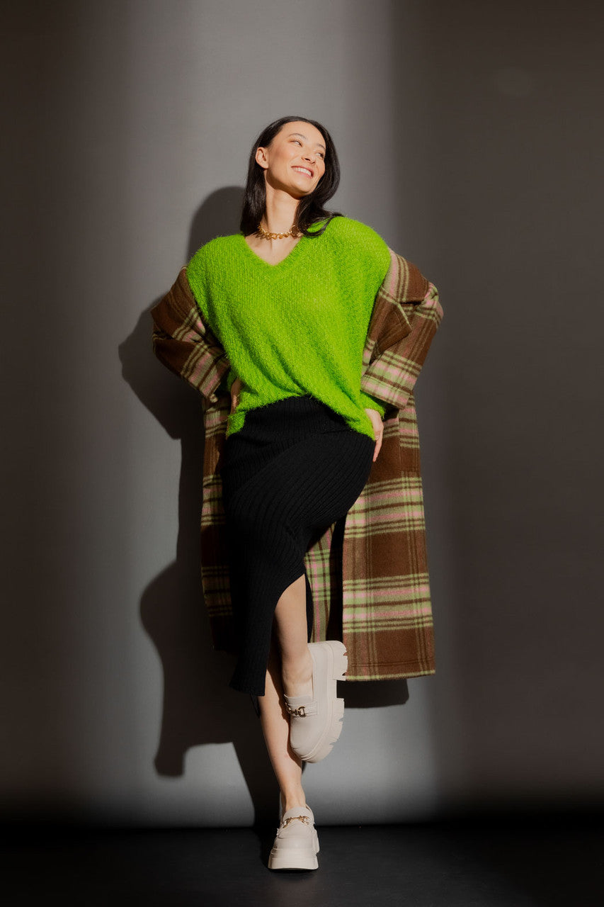 Chartreuse Fluffy V Neck Jumper