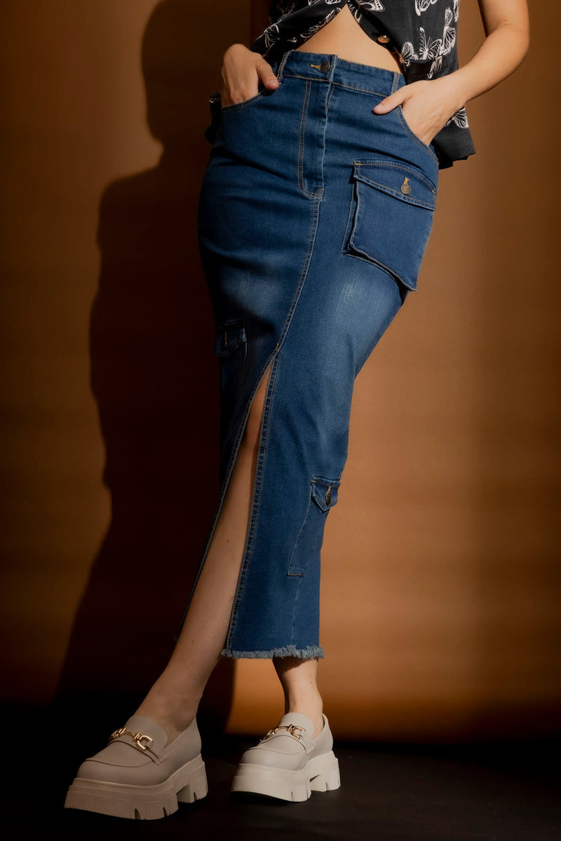 Mid Denim Cargo Split Skirt Mid Denim