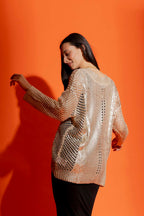 Oatmeal Foil Crochet V Neck Jumper