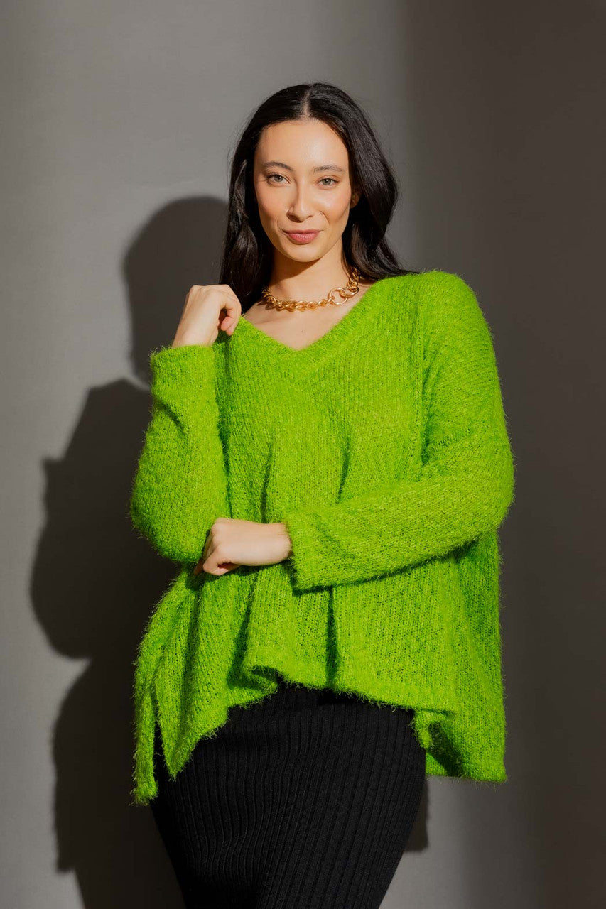 Chartreuse Fluffy V Neck Jumper