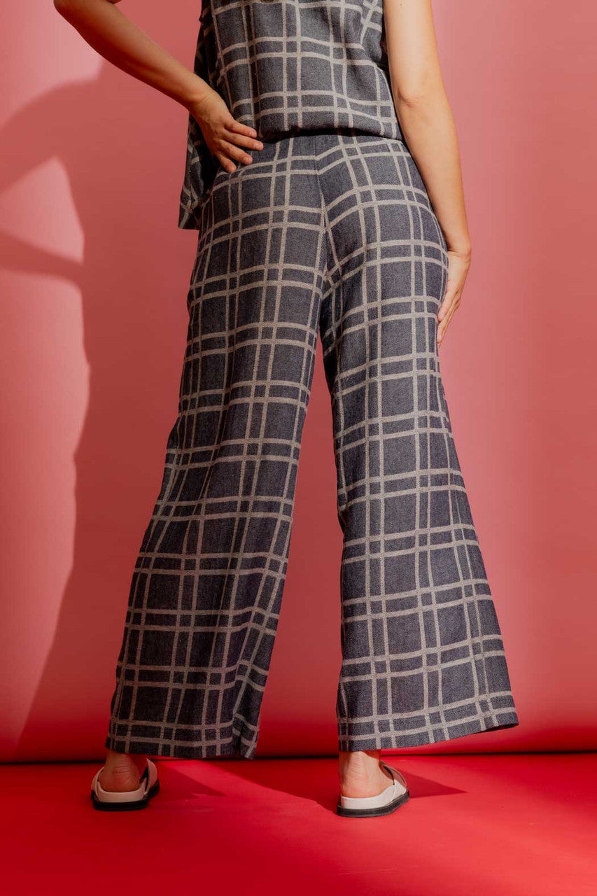 Navy Check Linen Crop Cleo Pant