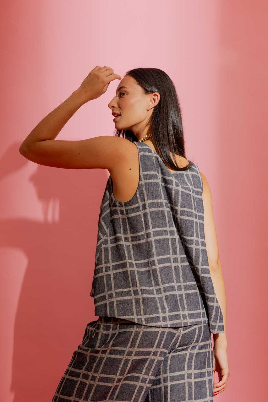 Navy Check Linen Bell Top