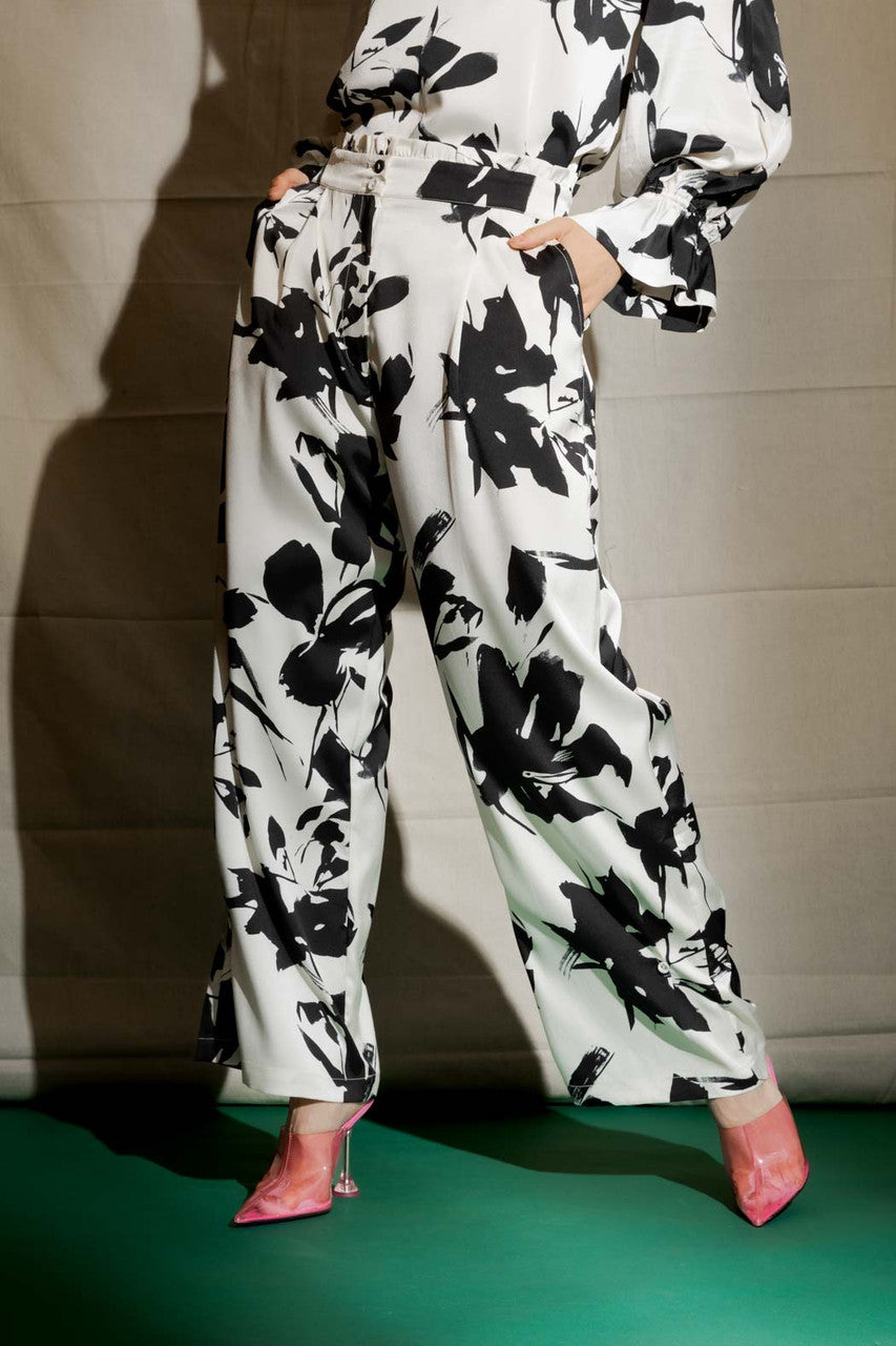 Black/white Silky Button Hem Pant