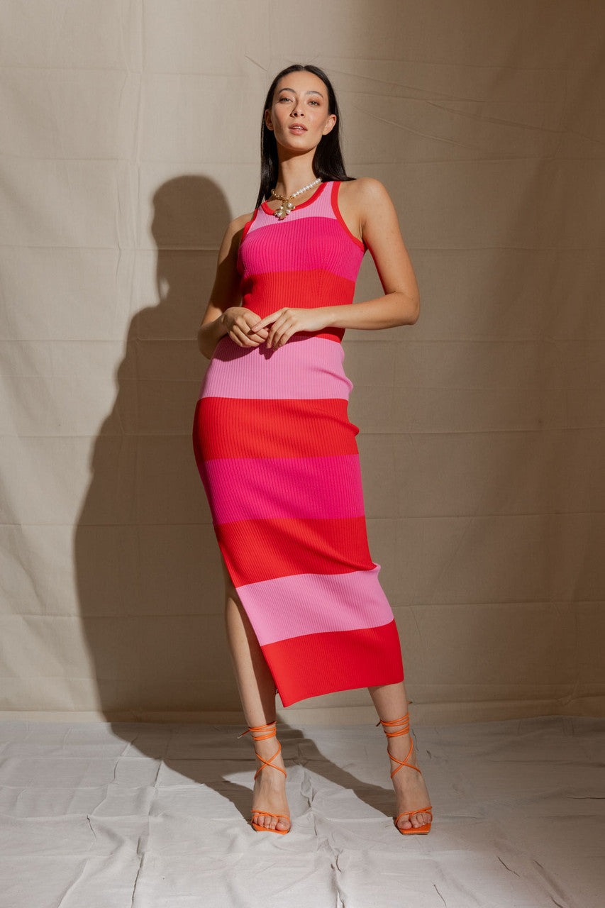 Pink / Hot Pink / Red Stripe Rib Dress