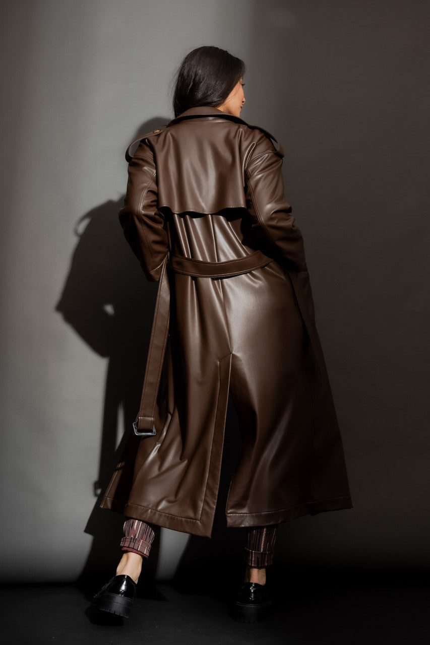Chocolate Faux Leather Trench Coat Chocolate S
