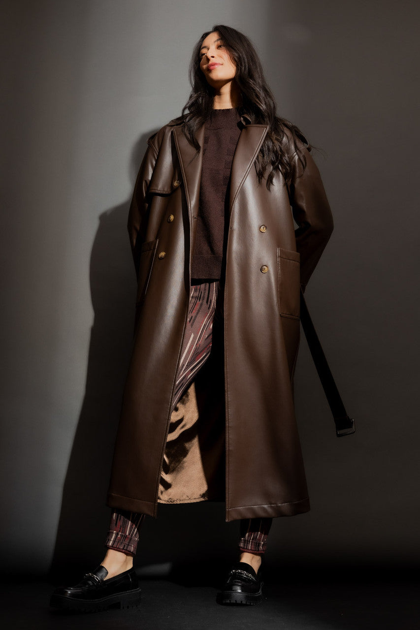 Chocolate Faux Leather Trench Coat Chocolate S