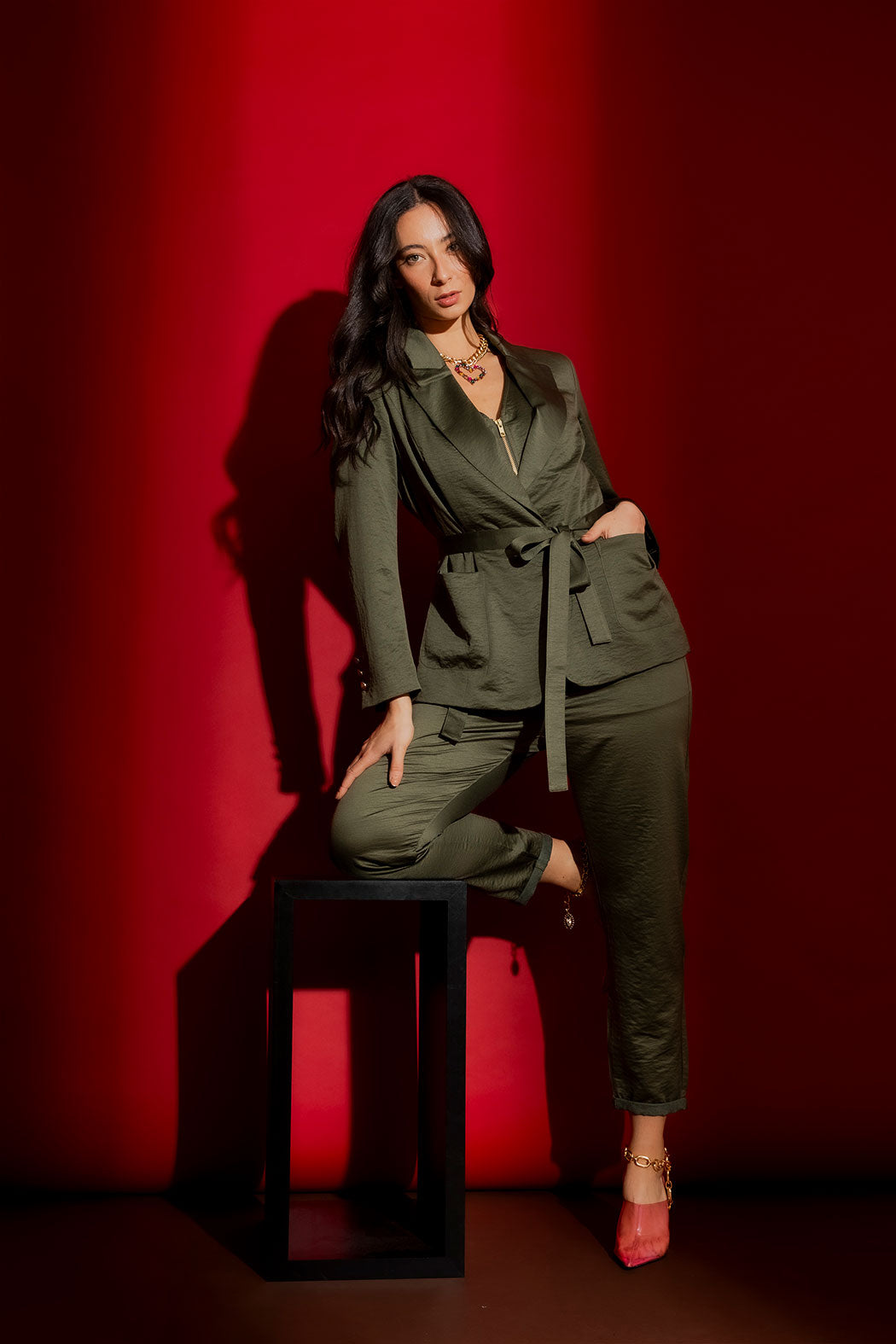Khaki Crushed Satin Soft Belted Blazer