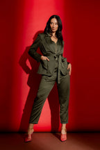 Khaki Crushed Satin Soft Belted Blazer