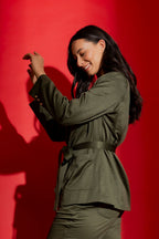 Khaki Crushed Satin Soft Belted Blazer