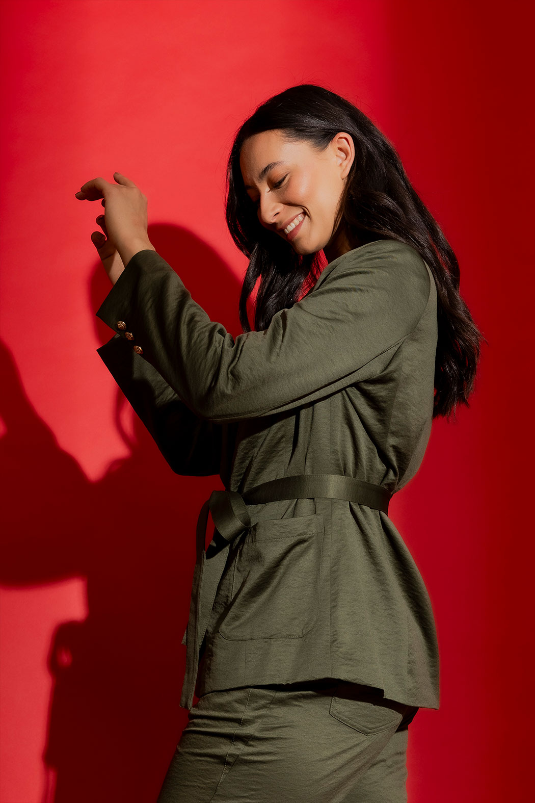 Khaki Crushed Satin Soft Belted Blazer