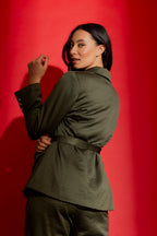 Khaki Crushed Satin Soft Belted Blazer