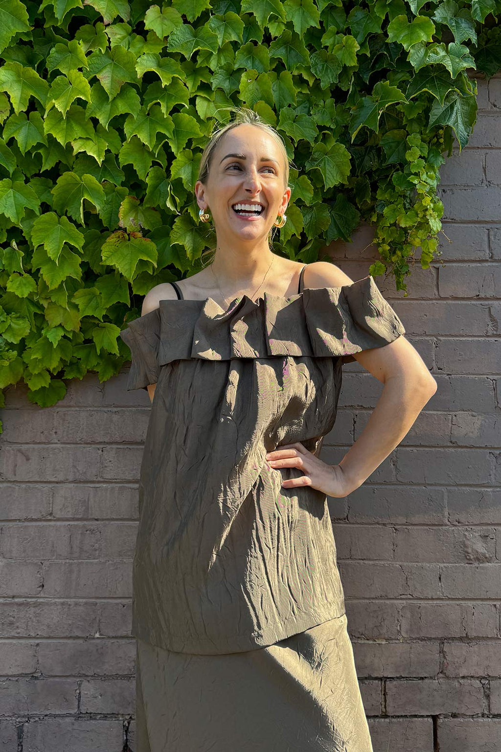 Khaki Off Shoulder Ruffle Top