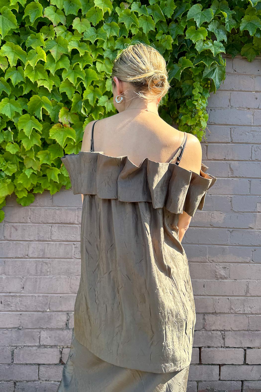 Khaki Off Shoulder Ruffle Top
