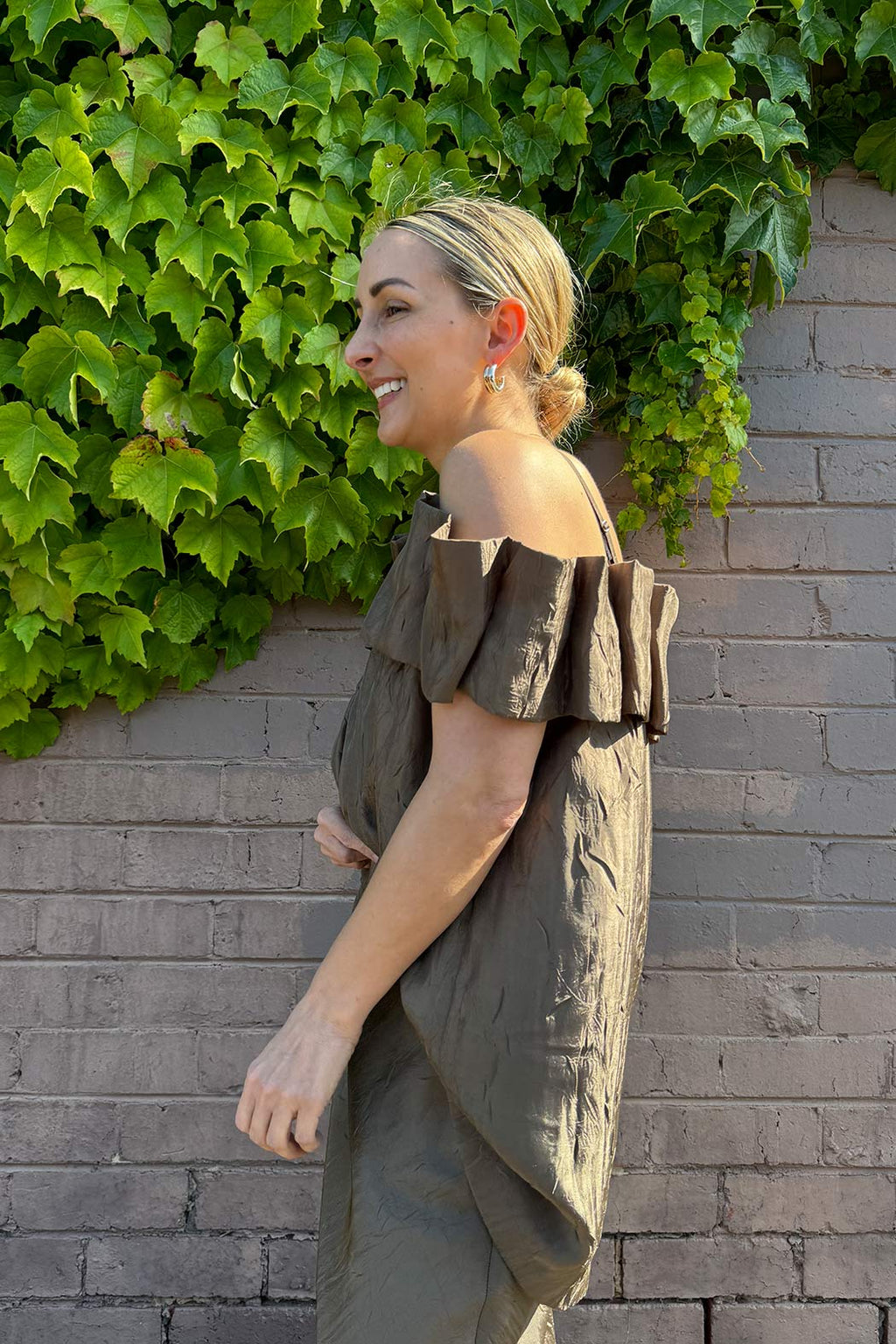 Khaki Off Shoulder Ruffle Top