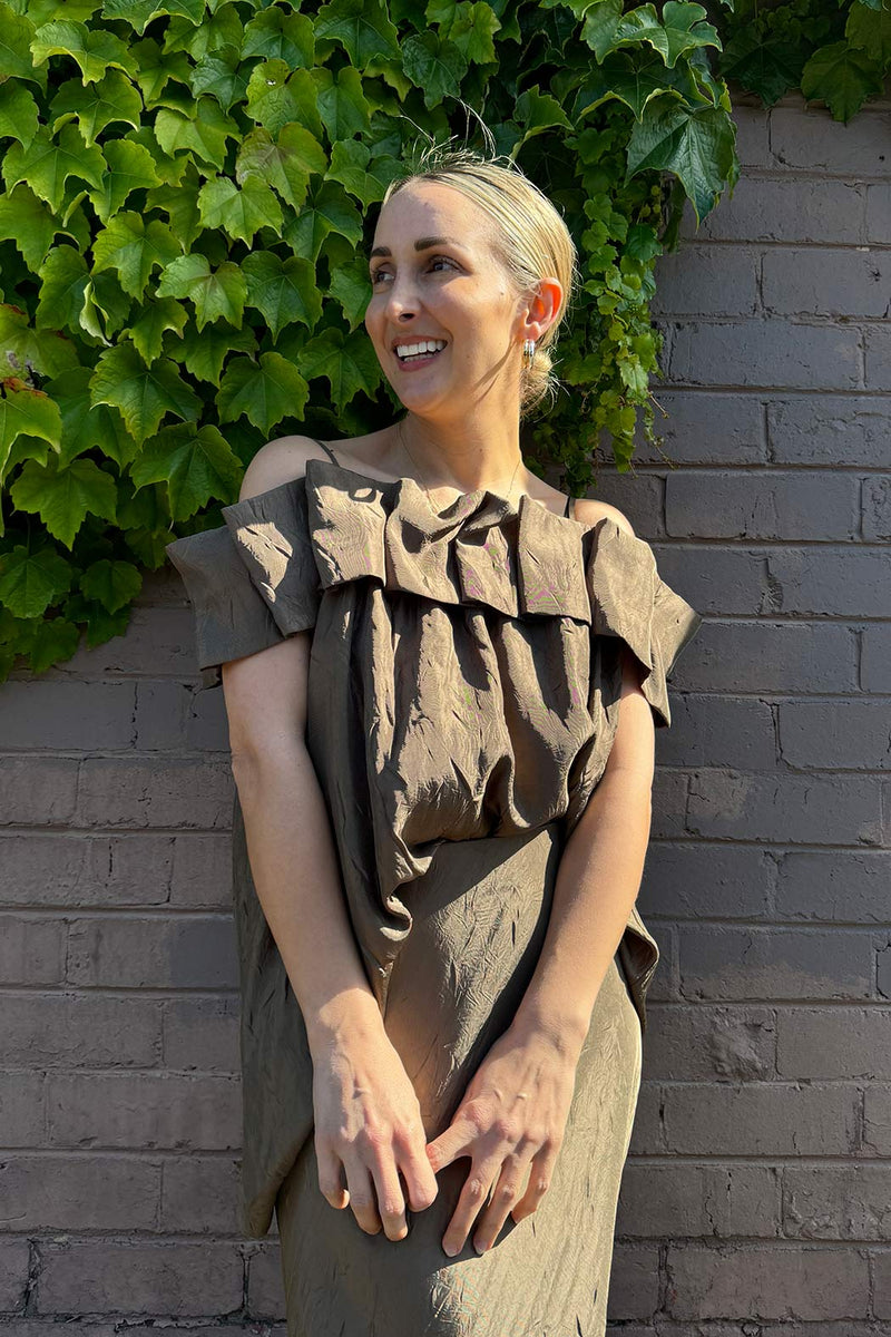 Khaki Off Shoulder Ruffle Top