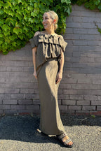 Khaki Off Shoulder Ruffle Top