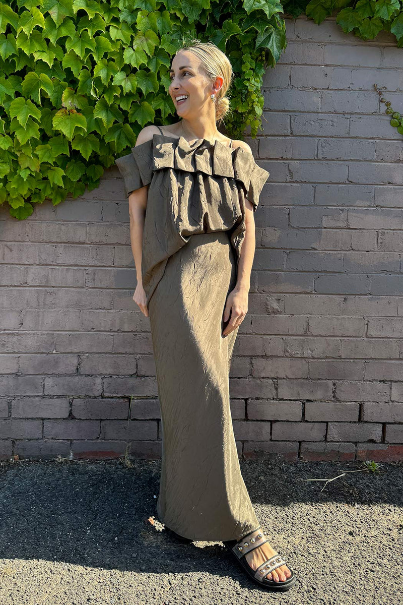 Khaki Off Shoulder Ruffle Top