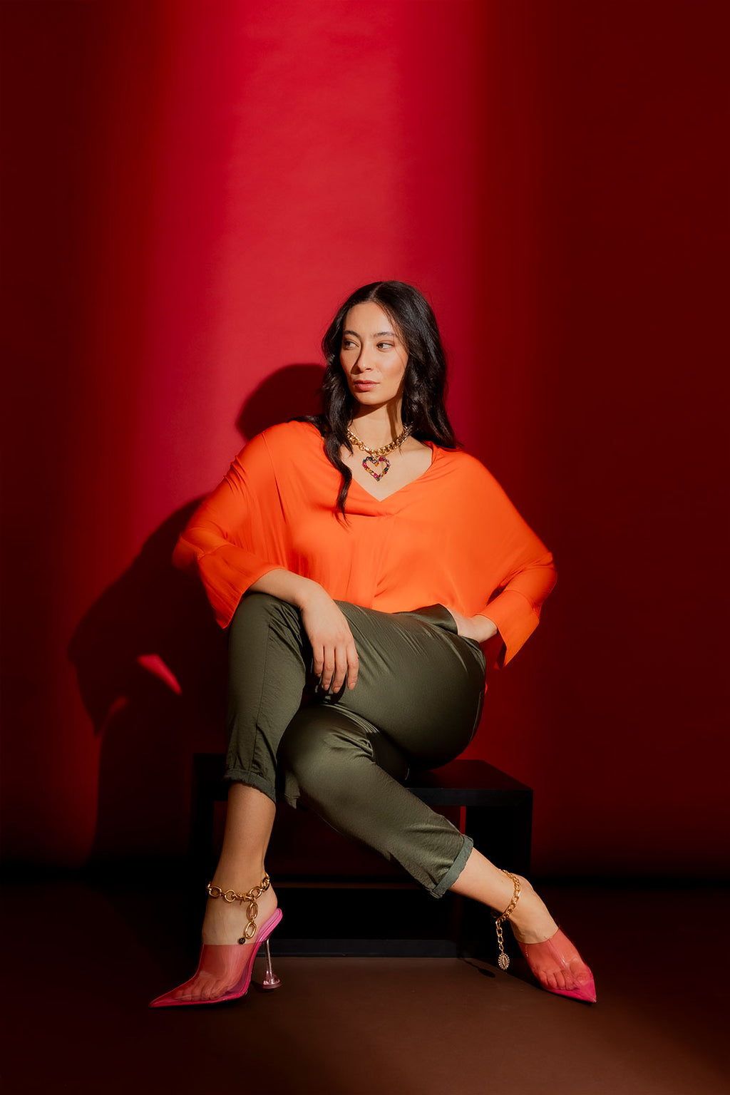 Khaki Crushed Satin Paperbag Pant