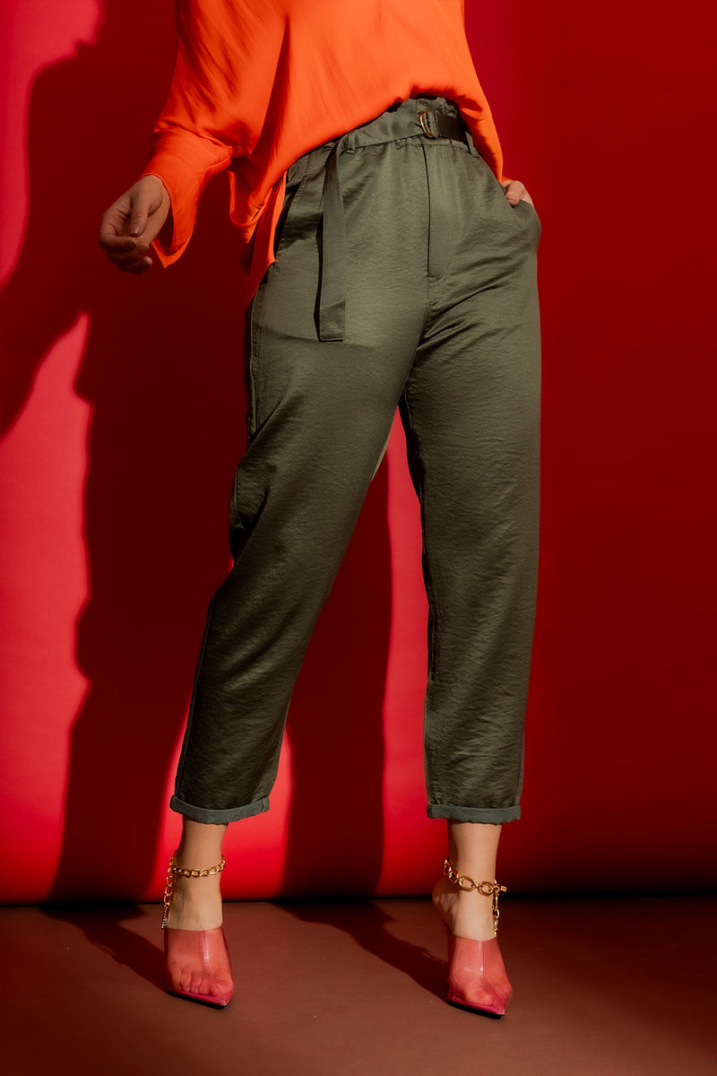 Khaki Crushed Satin Paperbag Pant