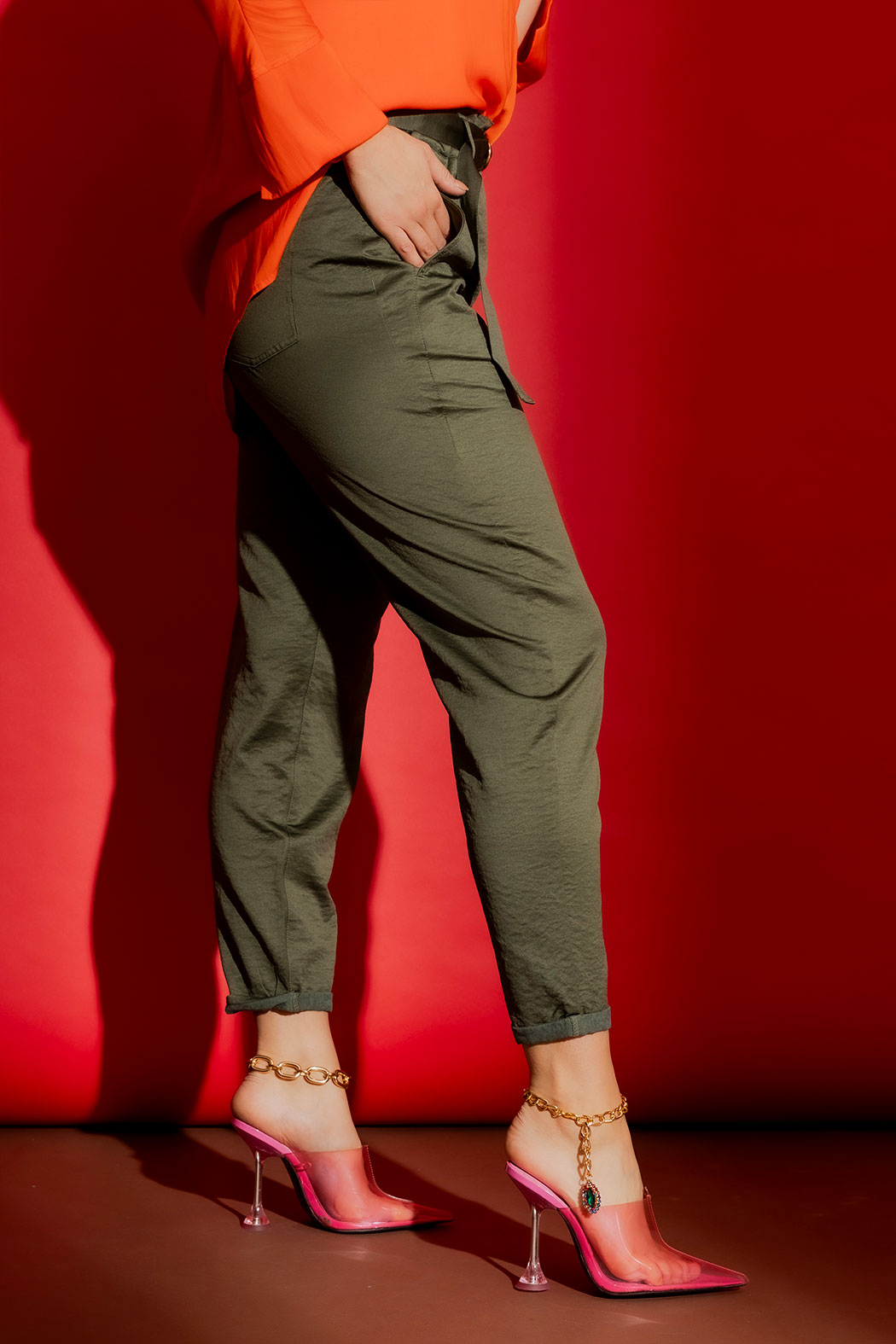 Khaki Crushed Satin Paperbag Pant