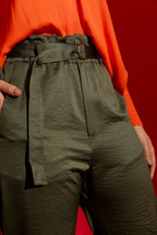 Khaki Crushed Satin Paperbag Pant