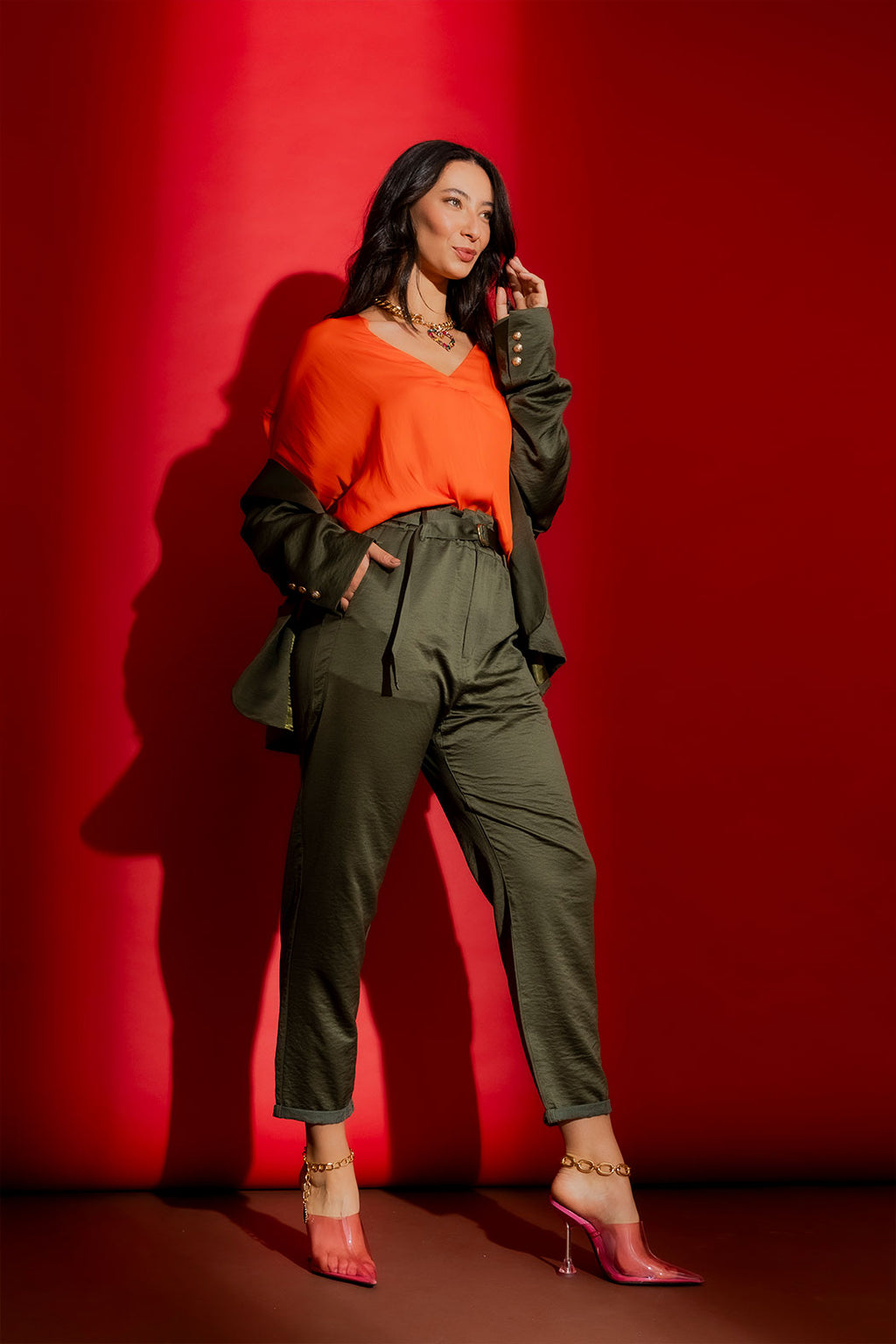Khaki Crushed Satin Paperbag Pant
