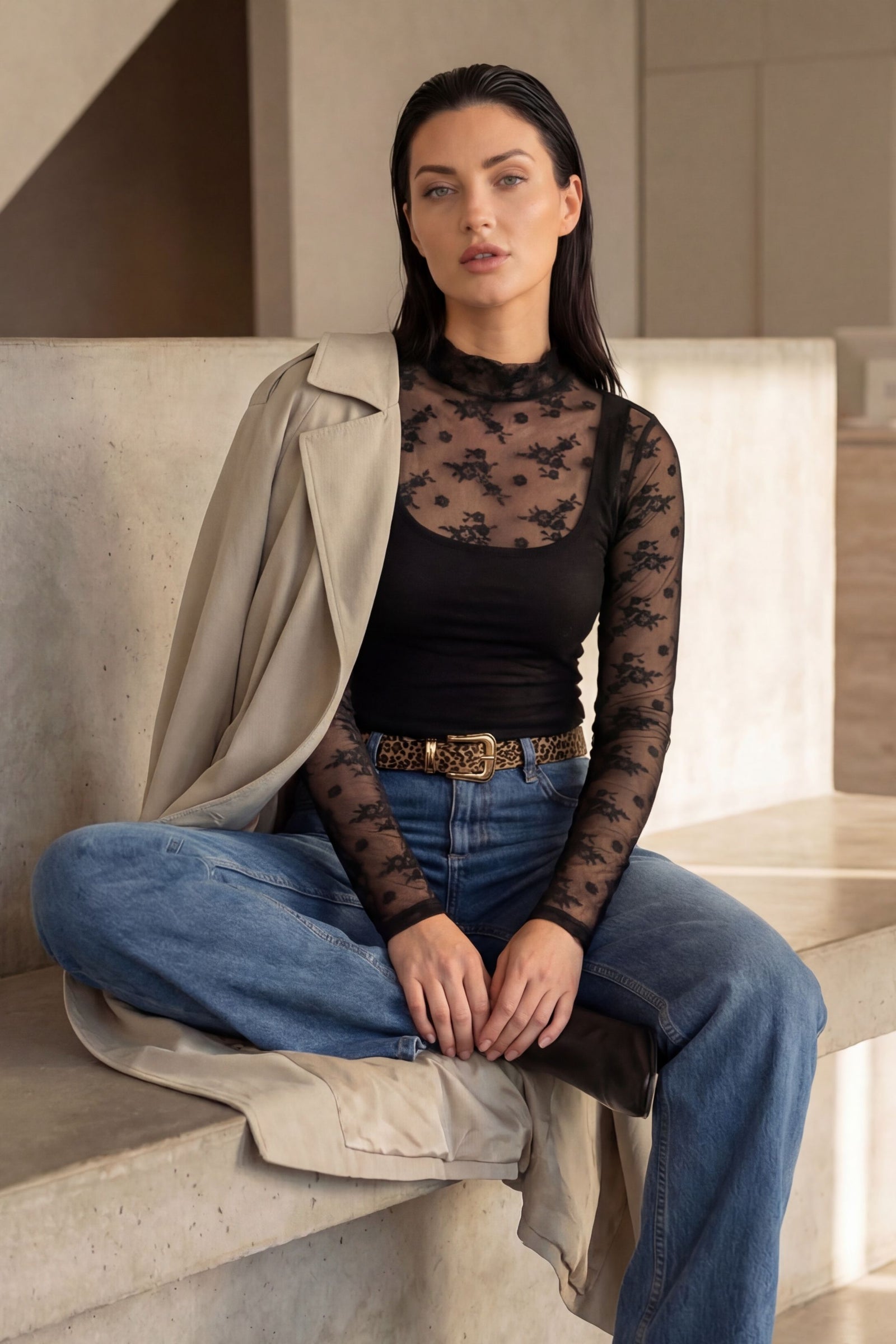 Black Lace Funnel Neck Top