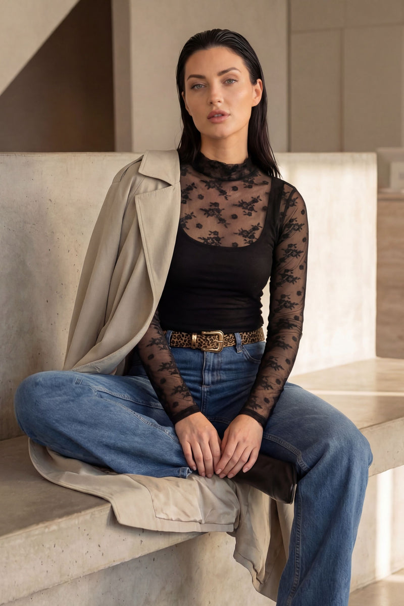 Black Lace Funnel Neck Top