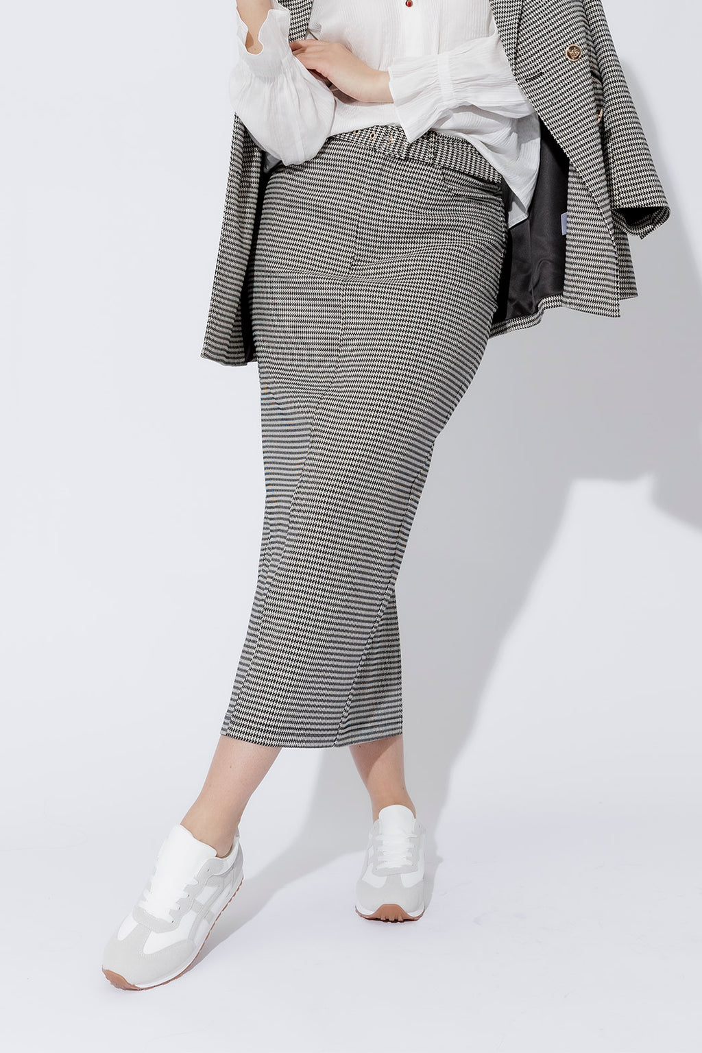 Black/White Lurex Belted Midi Skirt