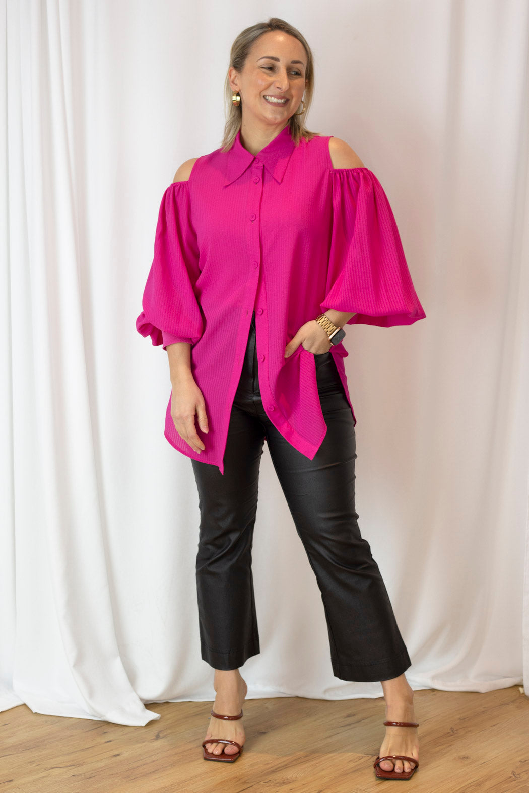 Bright Pink Chiffon Keyhole Shirt - Sale