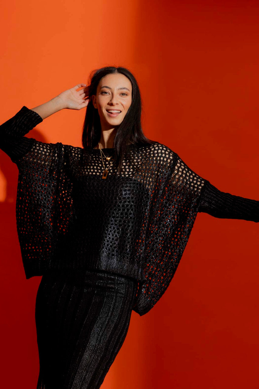 Crochet Foil Boxy Jumper Black
