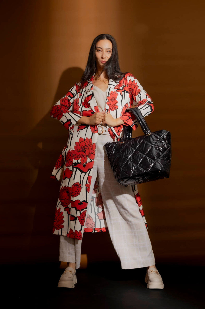 Red/Cream Print Trench Coat