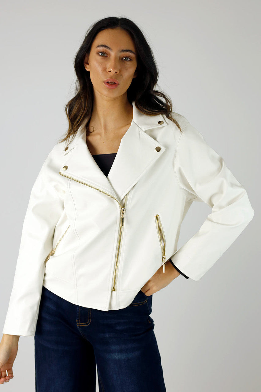 Off White Vegan Leather Mid Biker Jacket - NT