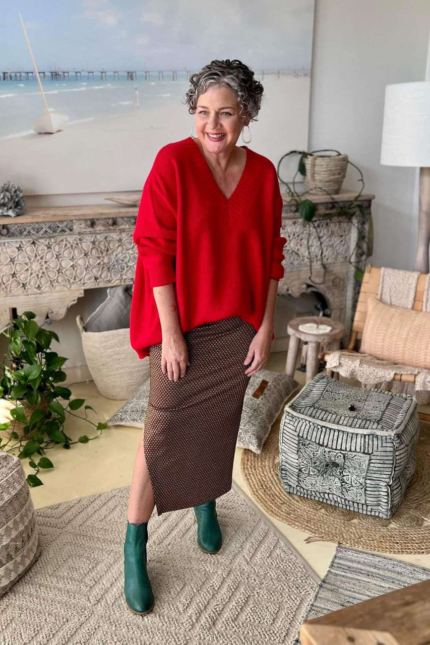 Red Slouch V Neck Jumper