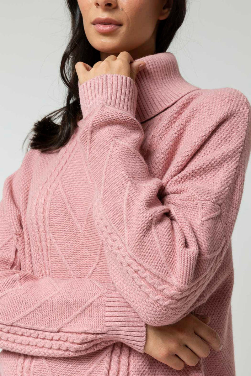 Dusty Pink Cable Roll Neck Jumper - Sale