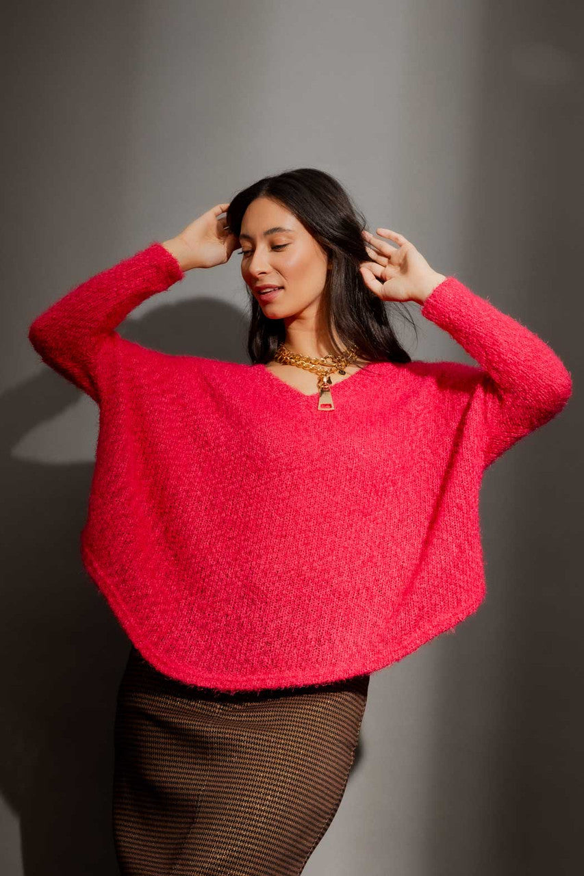 Raspberry Fluffy V Neck Jumper