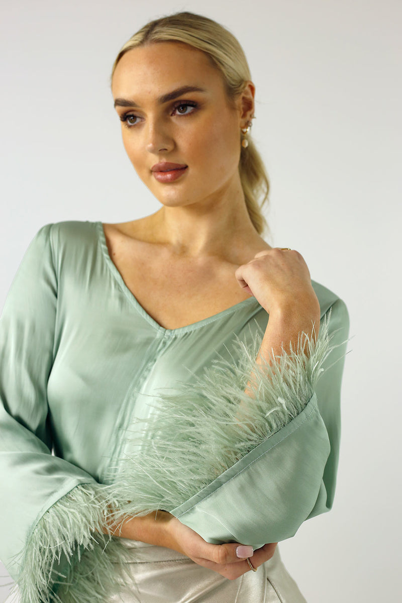 Mint Silky Feather Blouse - FINAL SALE