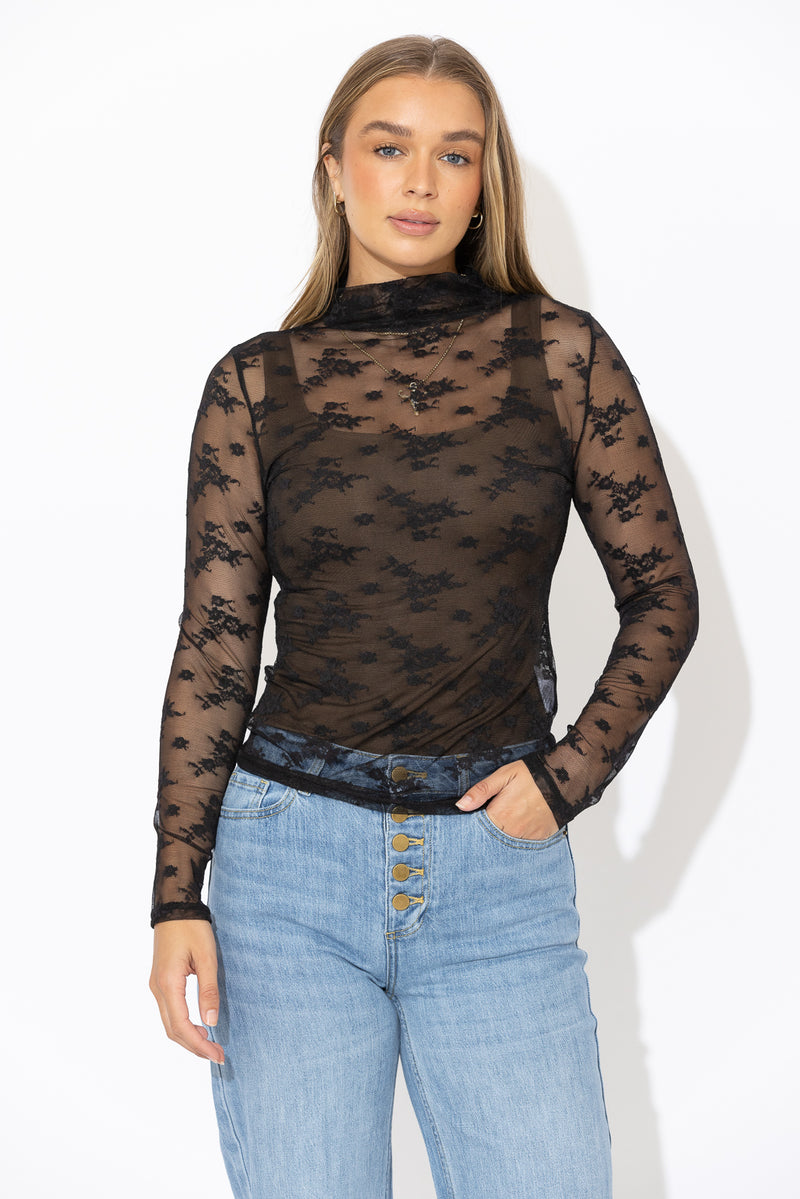 Black Lace Funnel Neck Top