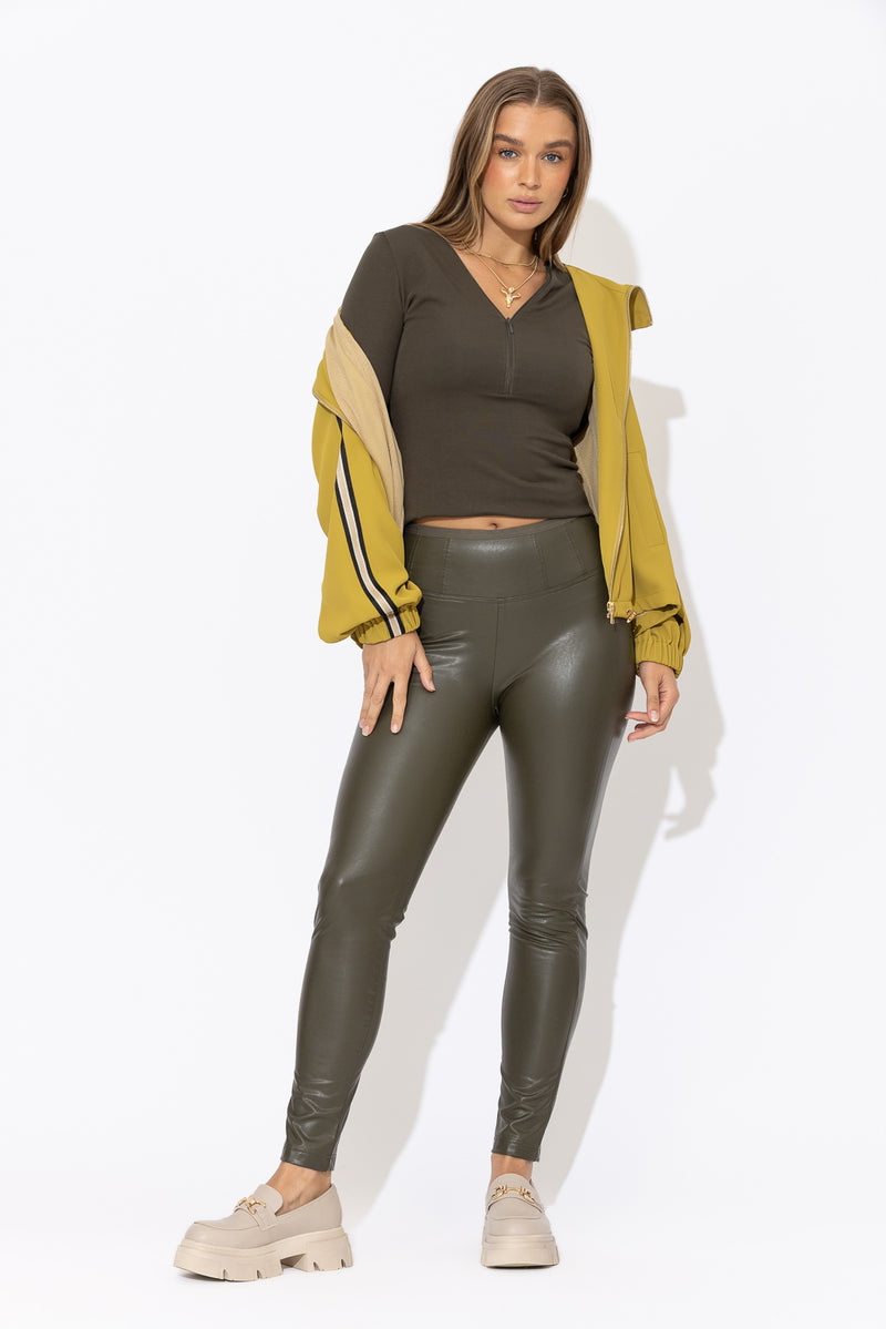 Khaki Faux Leather Classic Miracle Pant