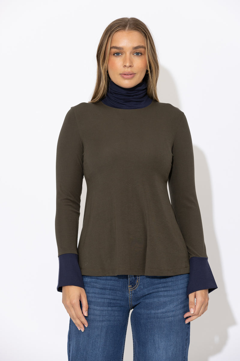 Khaki Tencel Turtle Neck Top